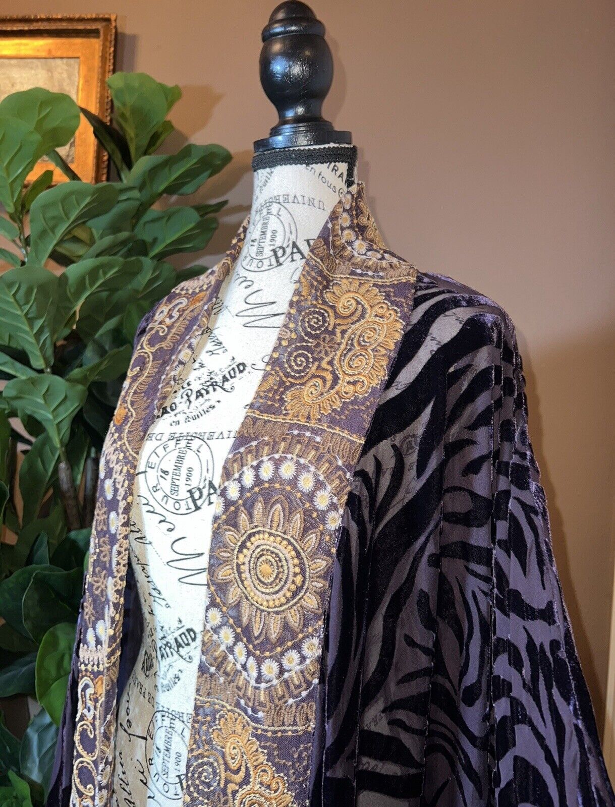 Johnny Was XL Burnout Velvet Long Kimono Duster Wrap Deep Plum Wine Zebra & Gold