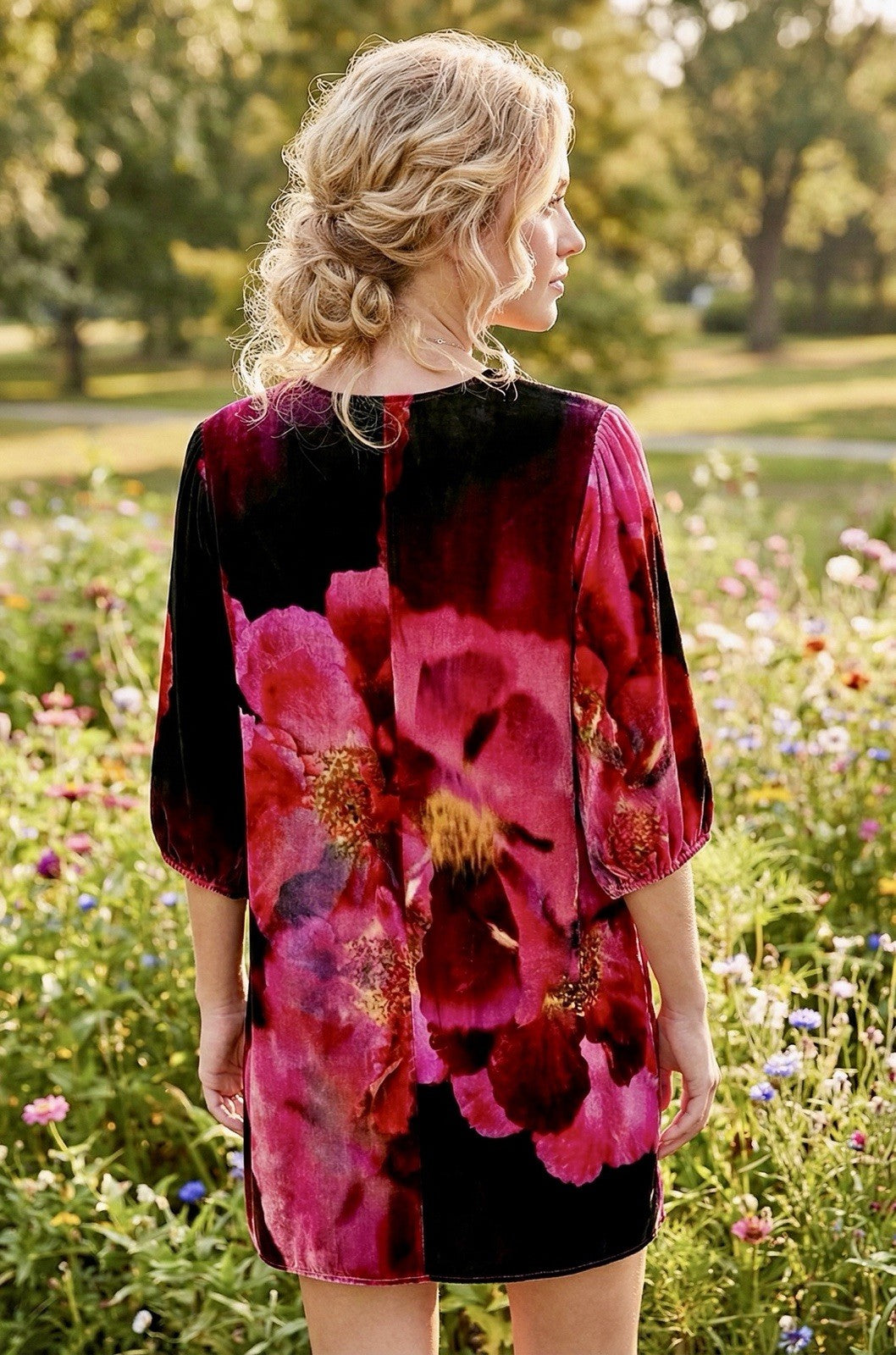 Johnny Was XXL Plus Velvet Shift Mini Dress Red Black  & Pink BOHO Floral Johnny Was