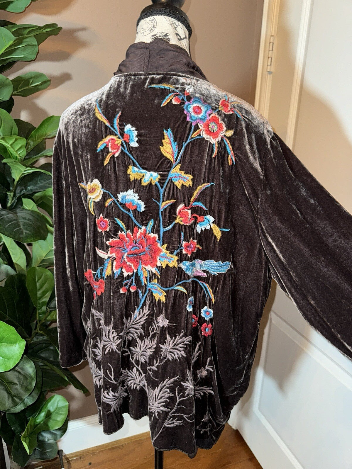 Johnny Was L Brown Velvet & Silk Panel Kimono Embroidery Wrap Cardigan Jacket Johnny Was