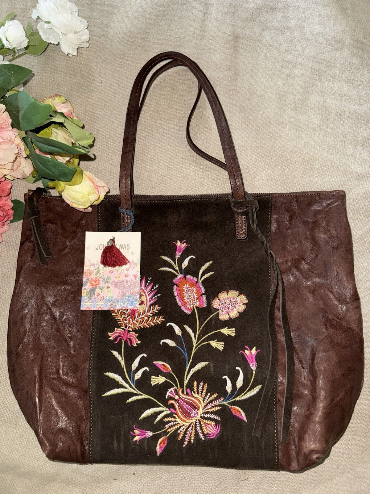 Johnny Was Dark Chocolate Brown Leather & Suede Bag Purse Tote Hobo Tassels Johnny Was