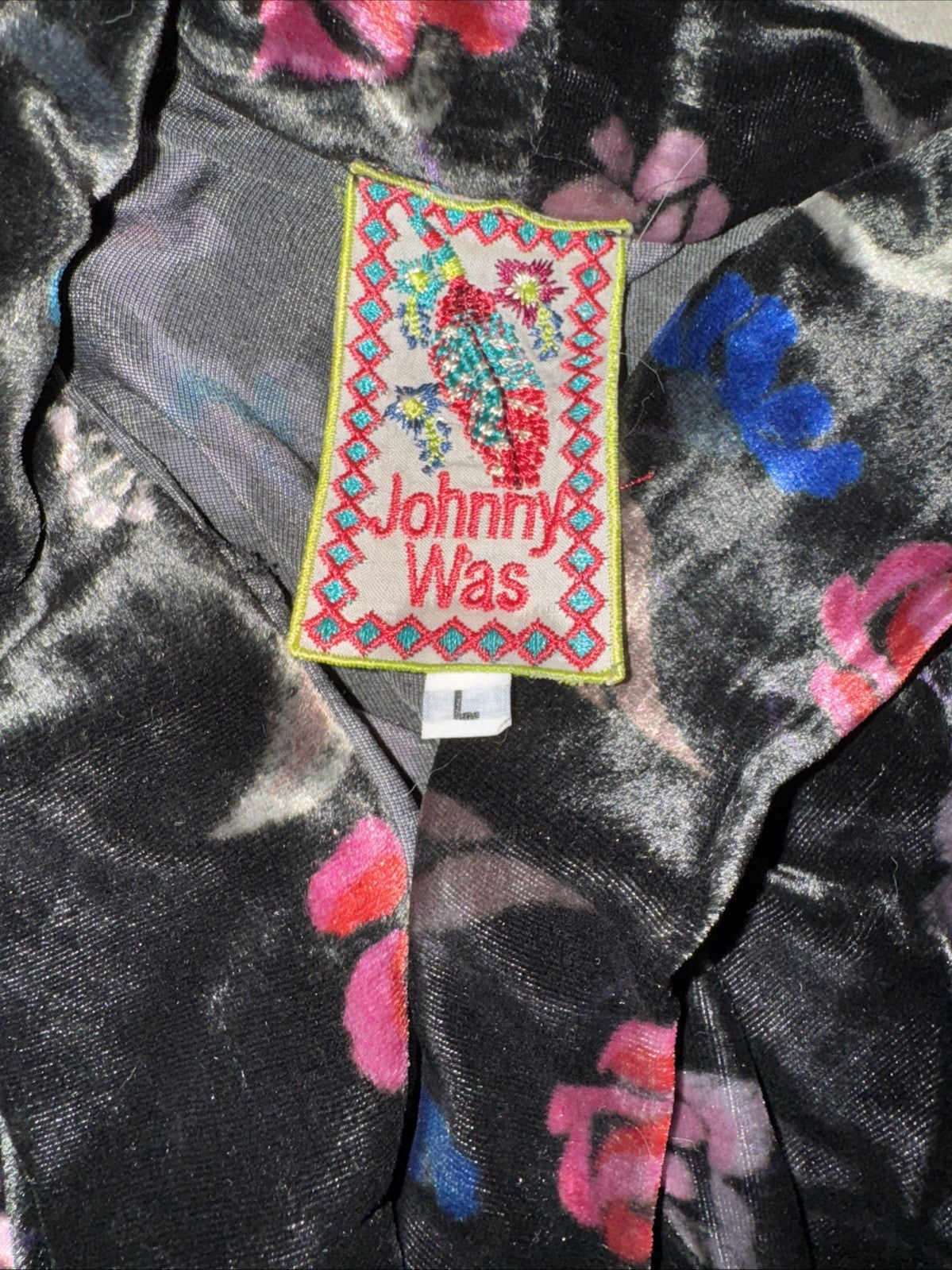 Johnny Was Black & Red Velvet L Kimono Wrap Jacket Duster Bohemian Rose LUX Johnny Was