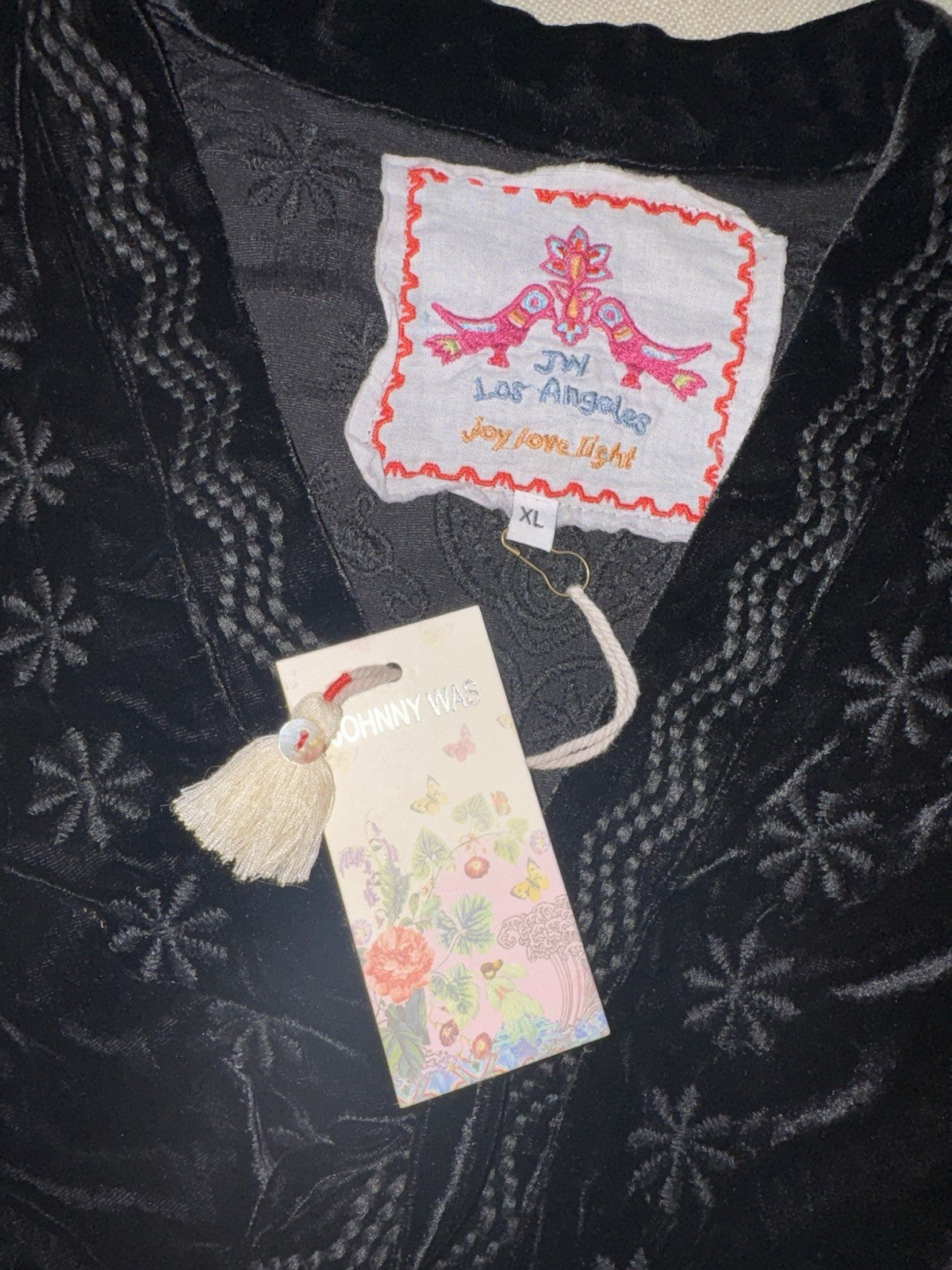 Johnny Was XL Black Velvet Kimono Wrap Cardigan Tonal Cross Embroidery Back Johnny Was