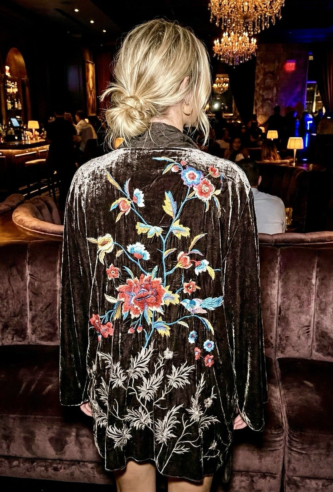 Johnny Was L Brown Velvet & Silk Panel Kimono Embroidery Wrap Cardigan Jacket Johnny Was