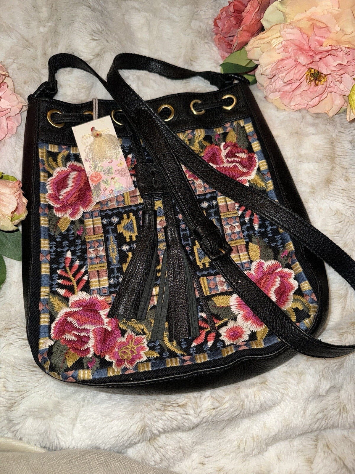 Johnny Was Black Leather Tote Bag Purse Crossbody Hobo Bucket Tassels Johnny Was