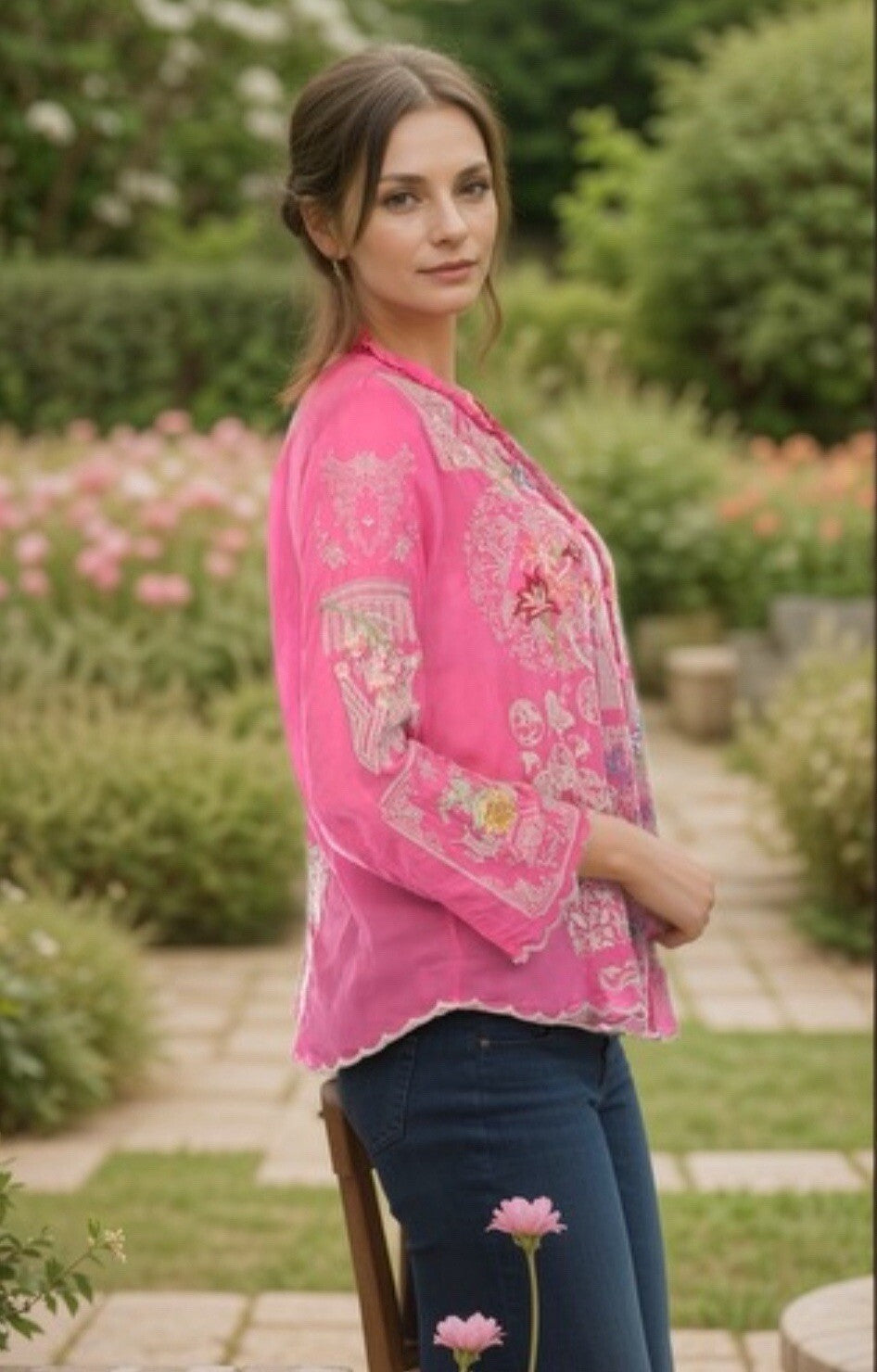 Johnny Was XXL Pink Tunic Top Pink Button Up Blouse Shirt Embroidered Shirt Johnny Was