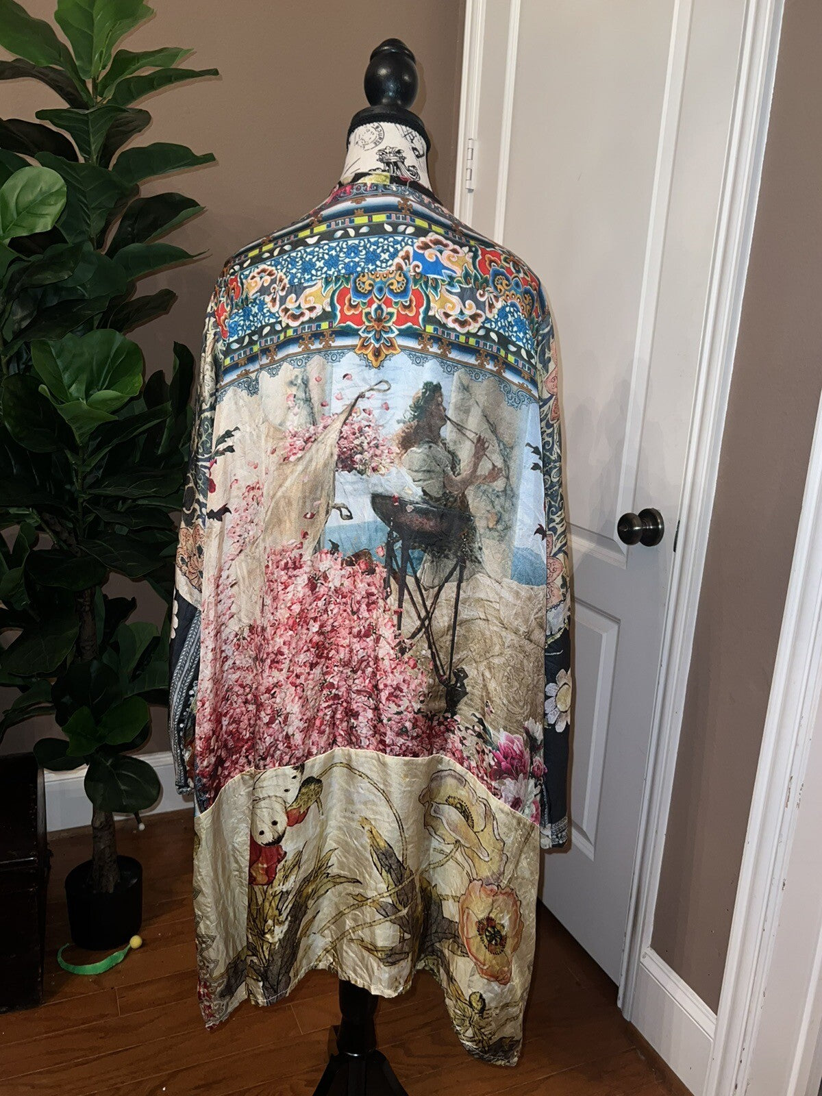 Johnny Was Large 100% Silk Kimono Cherry Blossoms STUNNING BACK Button Up Blouse Johnny Was