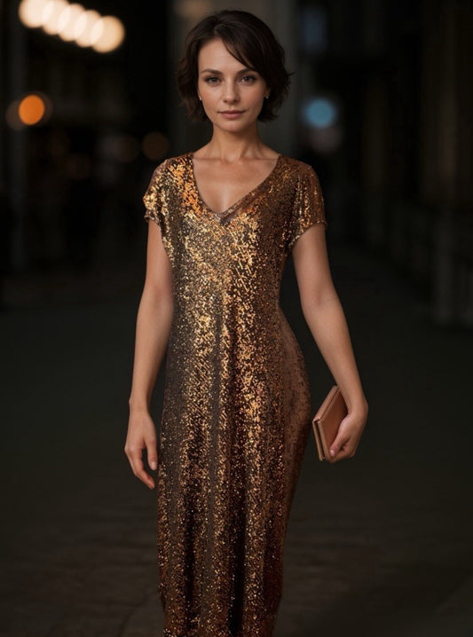 Johnny Was Gold L Large Sequin Maxi Dress Long Flowy Mesh Slip Sequins Party Johnny Was