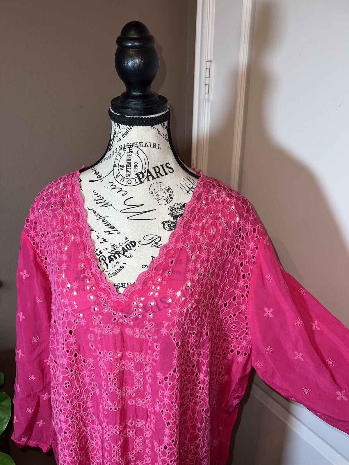 JOHNNY WAS Women's Barbie Pink Eyelet Tunic Blouse Kimono Top XXL 2X 2XL SPRING