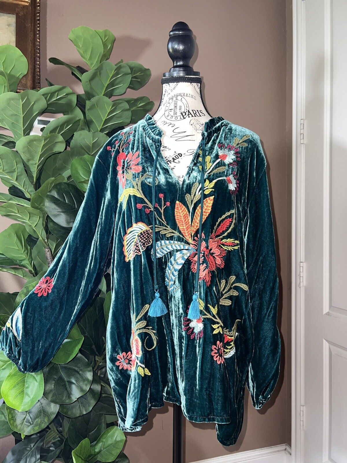 NEW Johnny Was Teal Velvet Heavily Embroidered Tunic Top L Large Peasant NWT