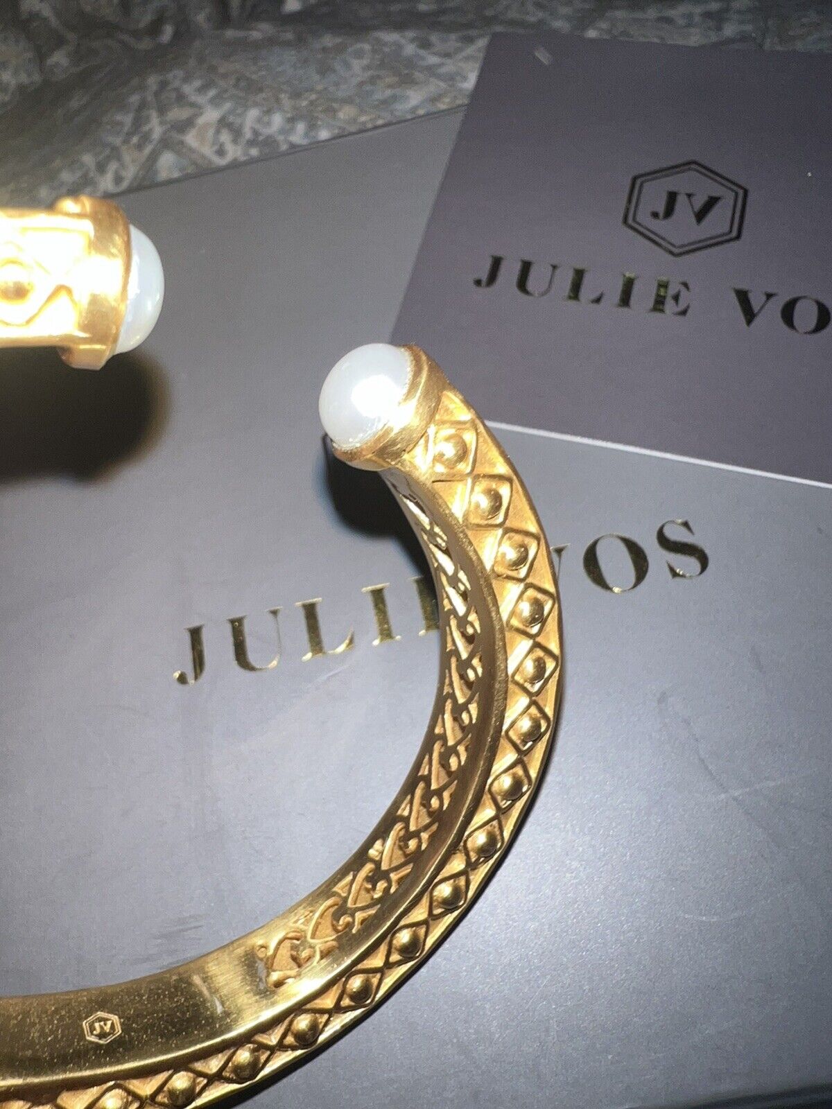 NEW Julie Vos Cuff Hinged Bangle Bracelet 24k Gold Plated & Pearl NWOT