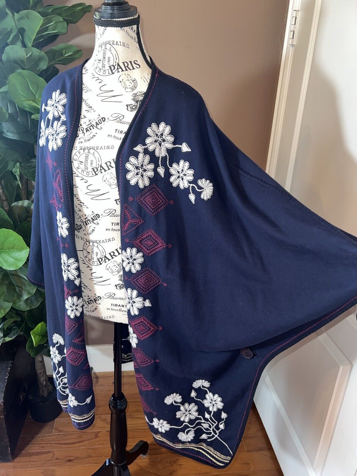 Johnny Was Navy Blue & Red French Terry Sz 3X 3XL Kimono Wrap Poncho