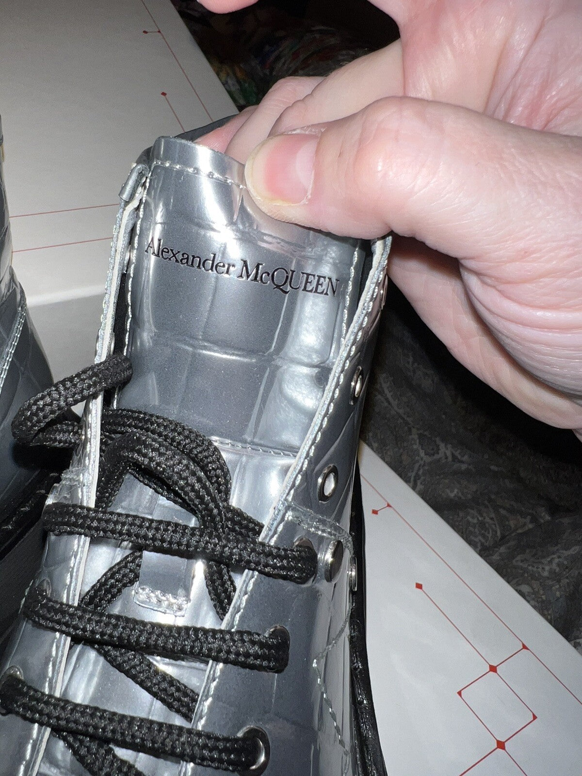 Alexander McQueen Patent Animal Print Combat Boots Silver 39.5 $1050 Retail Alexander McQueen