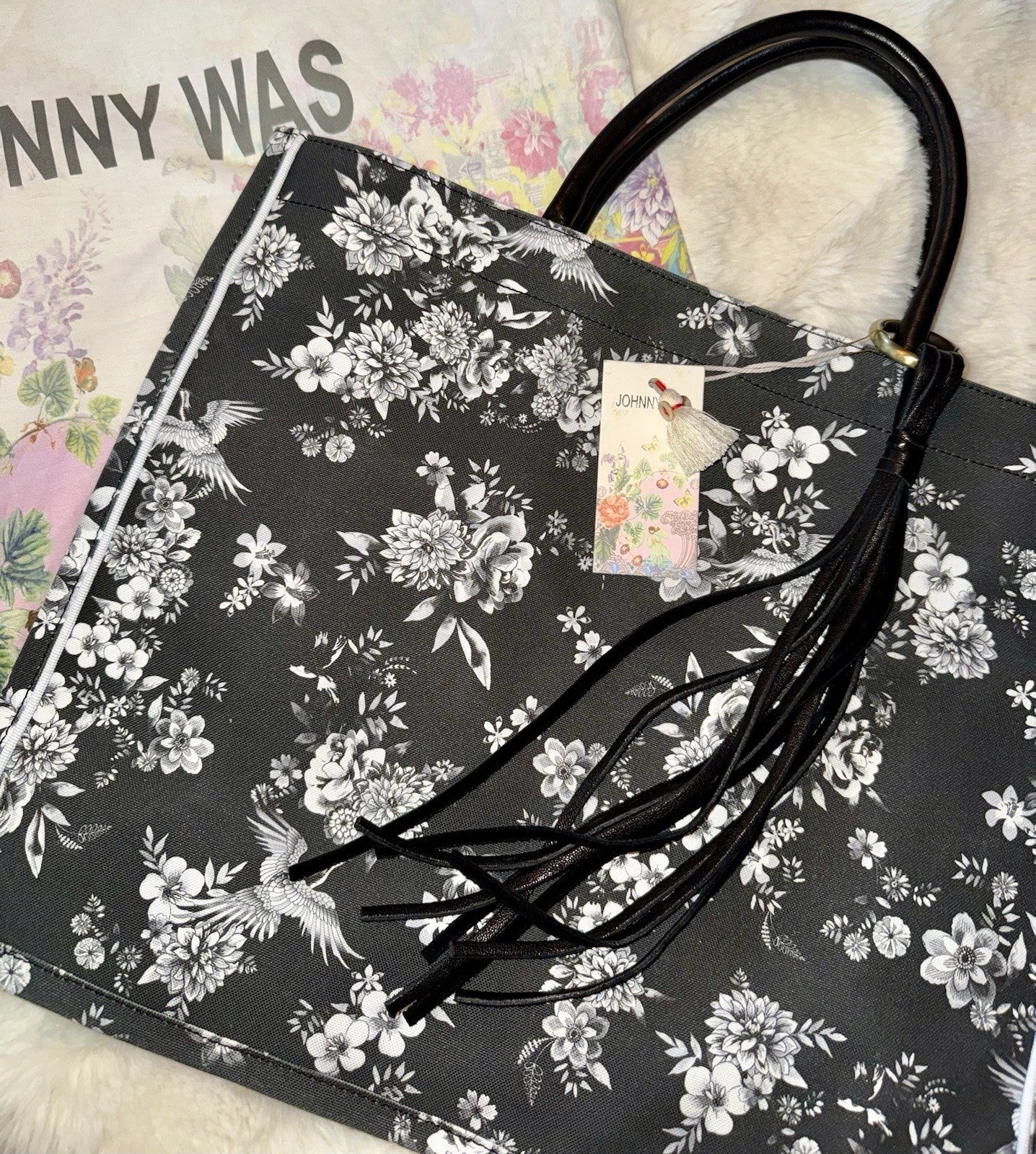 Johnny Was Black & White Coated Canvas Dreamer Bag Purse Tote Leather $428 Johnny Was