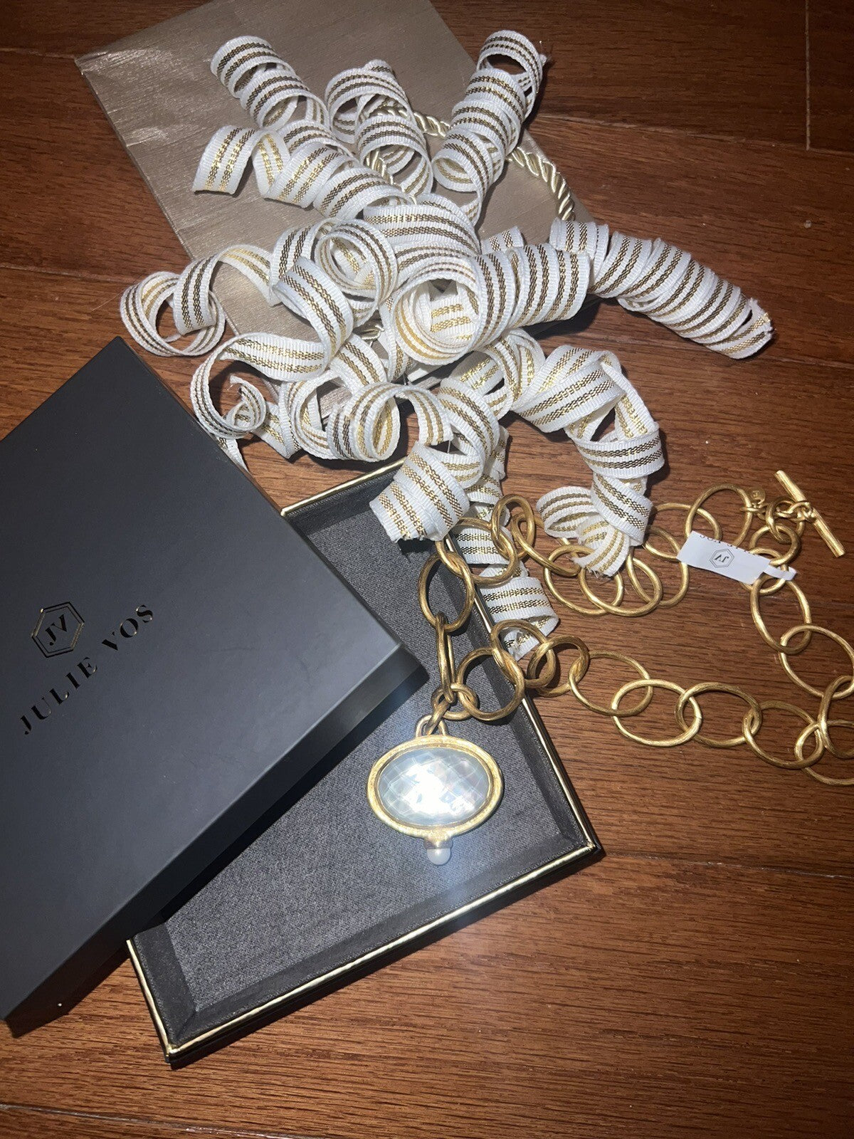 Julie Vos Statement Necklace Iridescent White Pendant 24k Plate Toggle Link Julie Vos