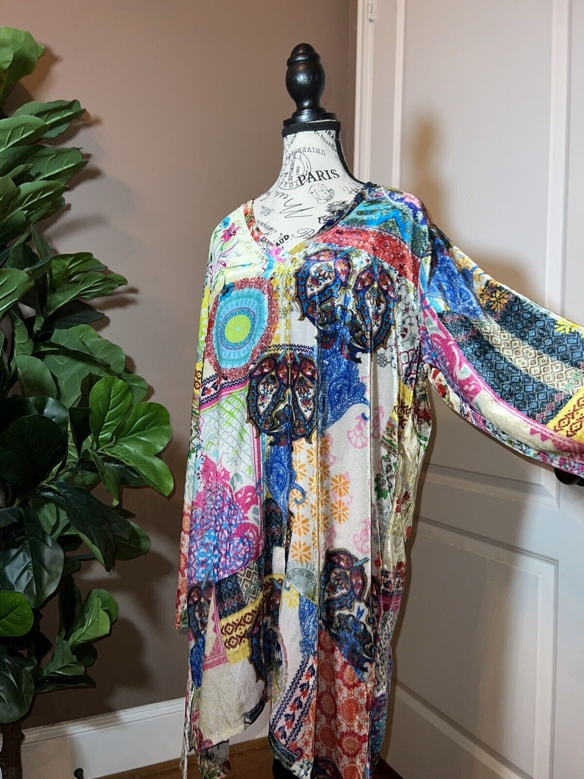 Johnny Was BOHO Velvet Mini Dress Tunic Top Kimono sleeves Sz L Large