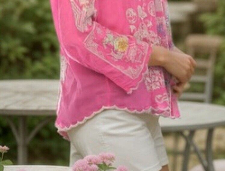 Johnny Was XXL 2X Tunic Top Pink Blouse Embroidered W/ Scalloped Hem Shirt