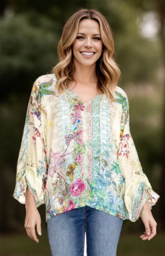 Johnny Was L Large 100% Silk Tunic Top Blouse Tassels Dolman Sleeves Lightweight Johnny Was