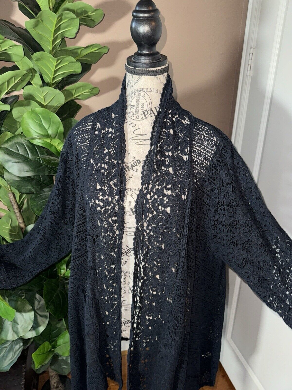 Johnny Was Sz 3X 3XL Black Crochet Long Sleeve Kimono Top Wrap Cardigan Jacket