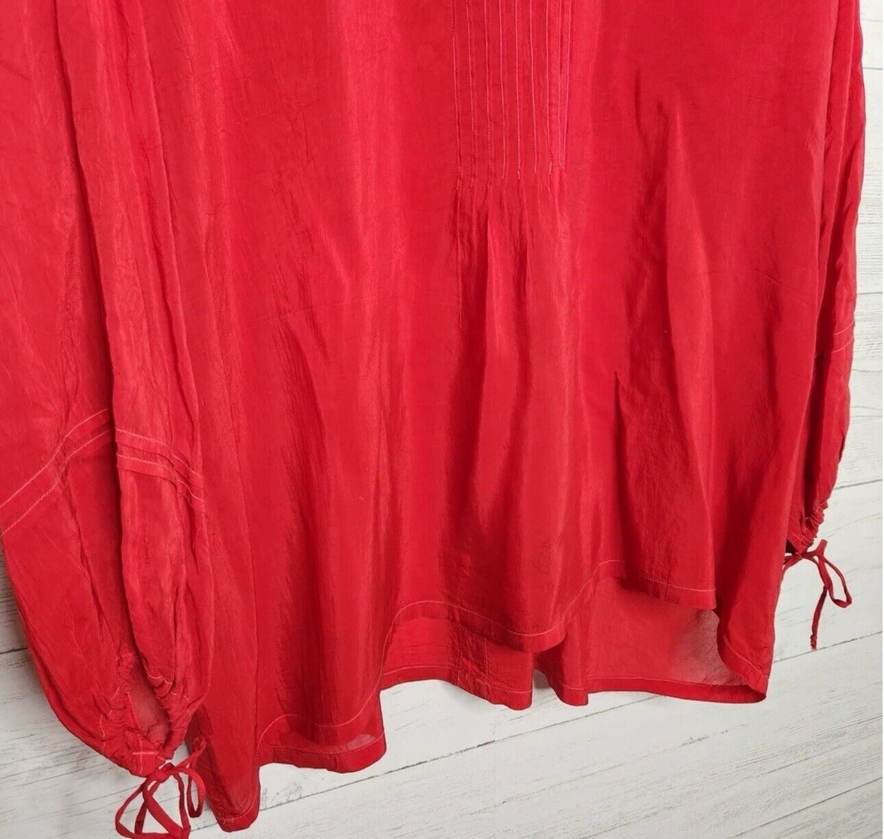 Johnny Was 1X 1XL Peasant Top Red Silky Handkerchief Hem Embroidered Tunic