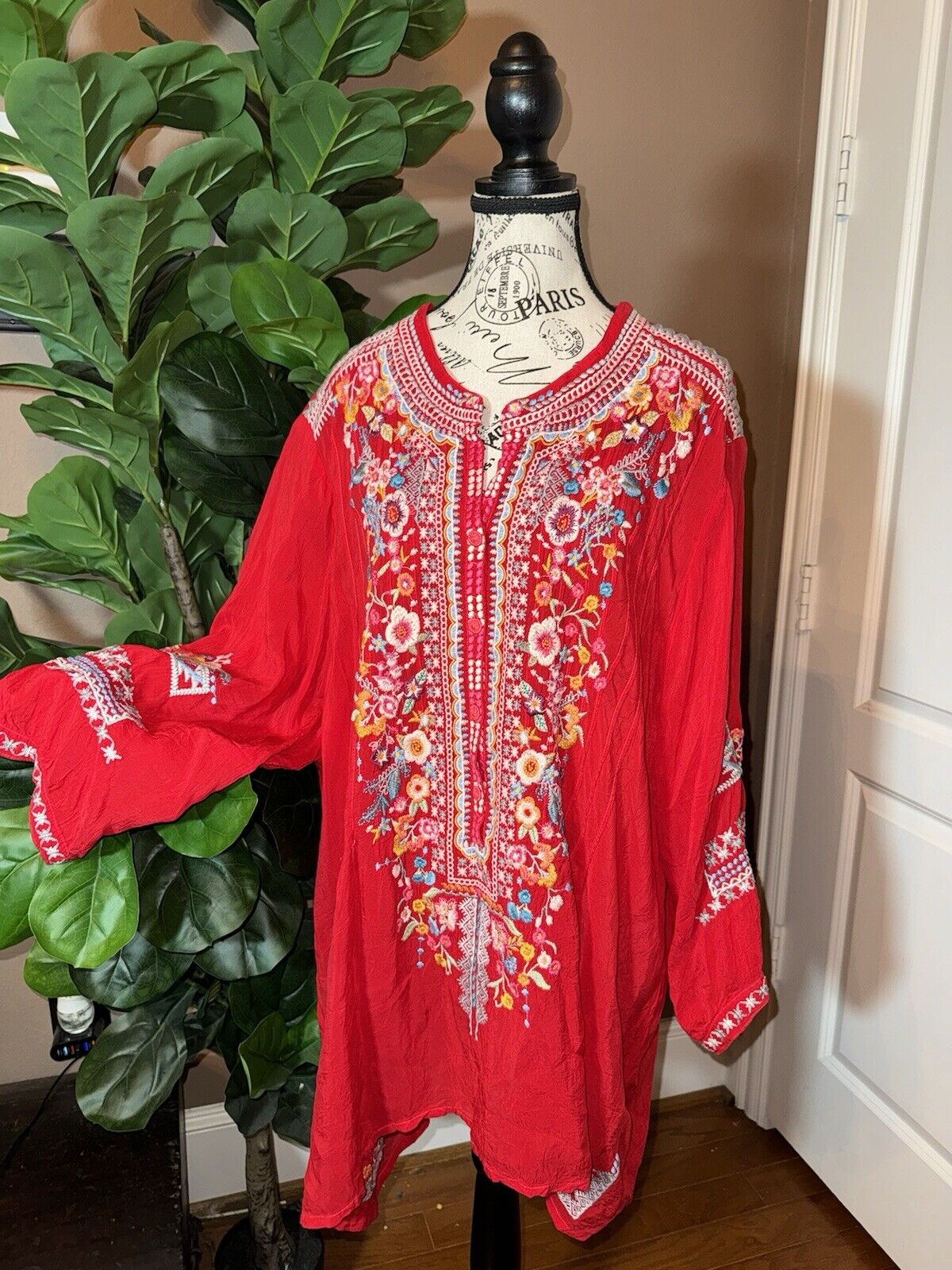 Johnny Was 3x 3XL Tunic Top Red Silky Handkerchief Hem Peasant Blouse