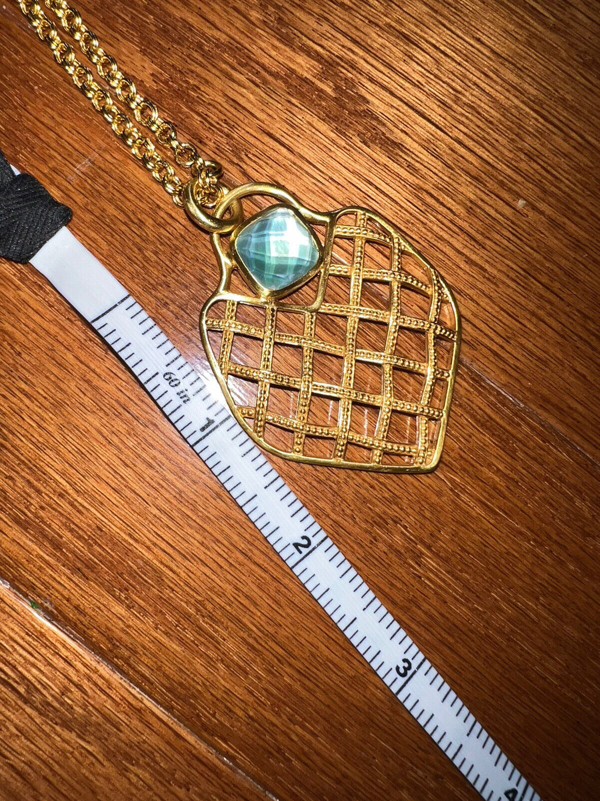 Julie Vos NECKLACE Basketweave 24k Gold Plate Pendant Iridescent Blue/Green