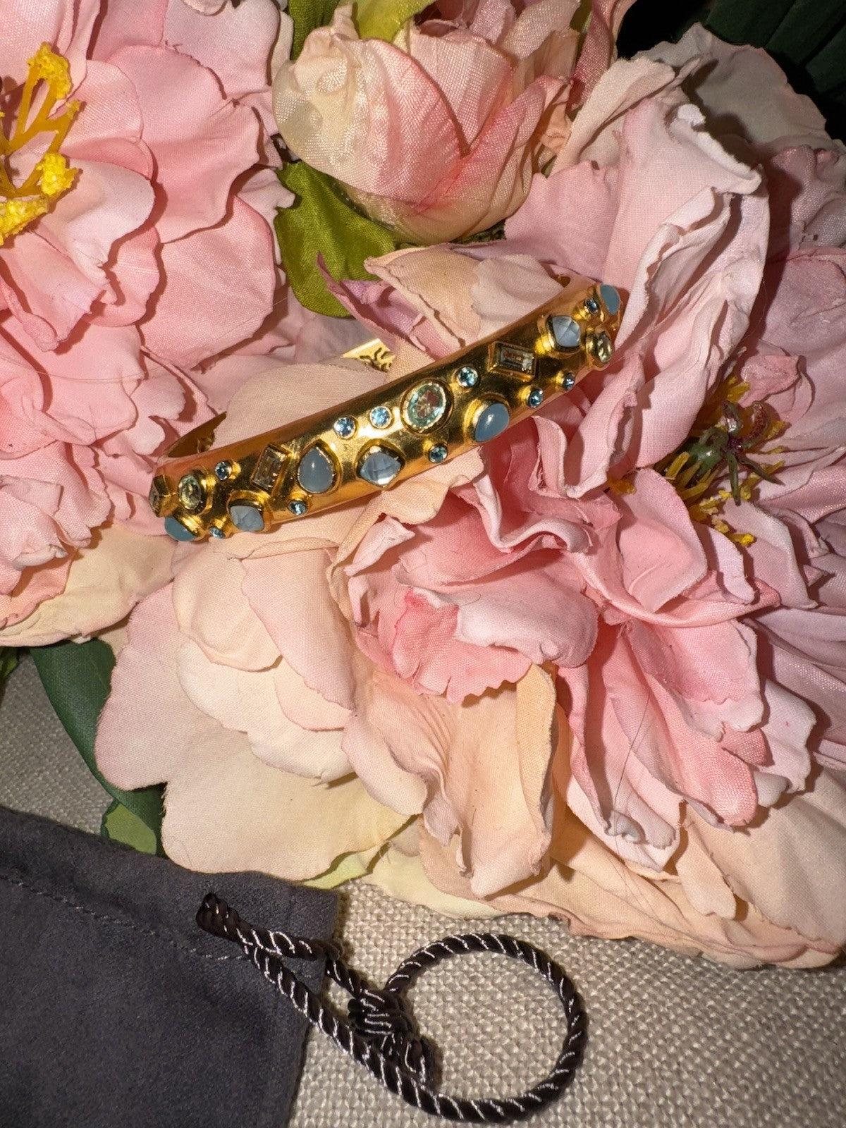 Julie Vos Hinged Bangle Bracelet Blue Iridescent Stones 24k Plated Julie Vos