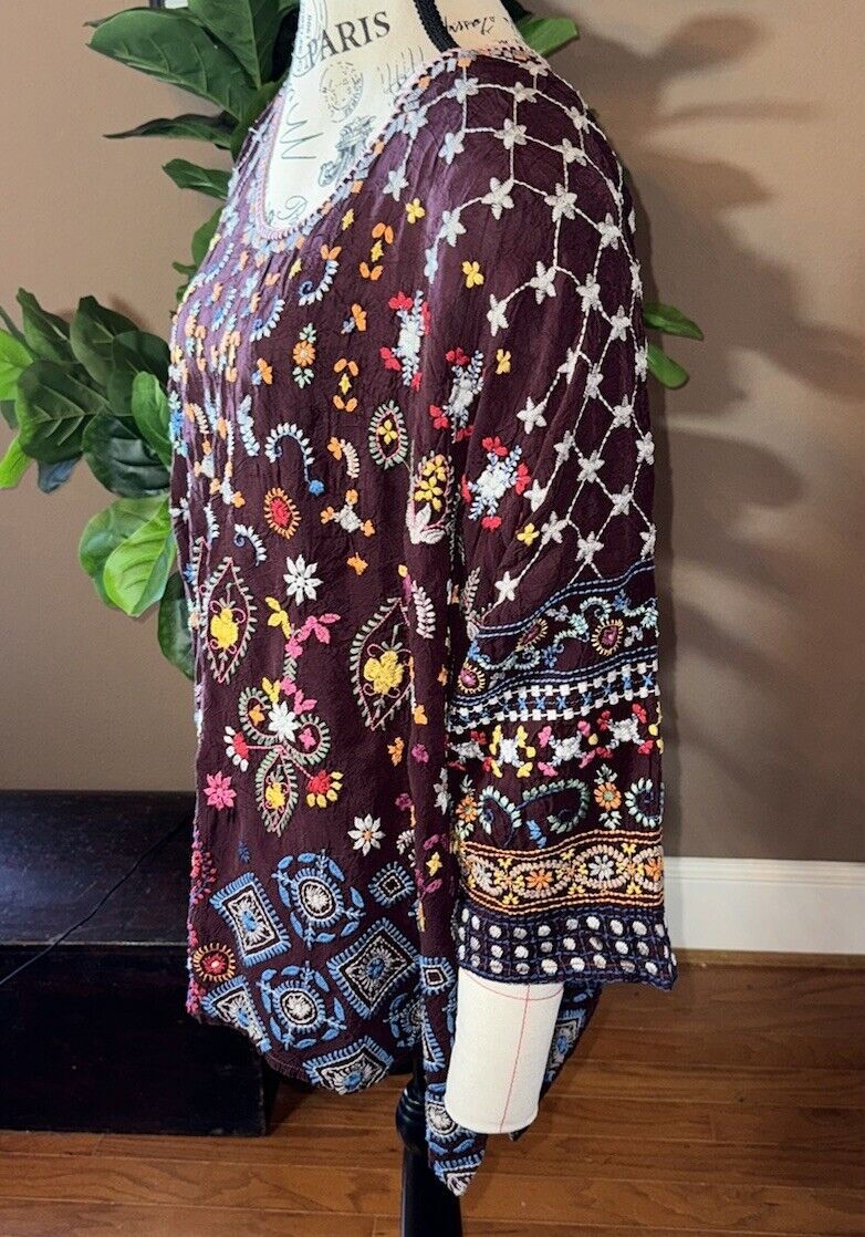 Johnny Was 3x 3XL Tunic Top Maroon Wine Silky Shirt Peasant Blouse Embroidered