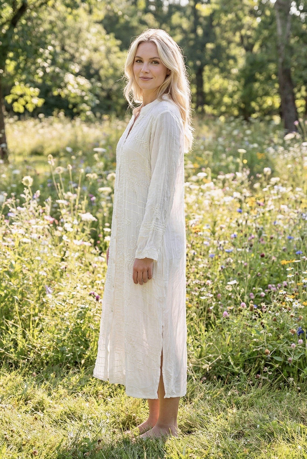 Johnny Was 2X Ivory Maxi Dress Silky Embroidery & Lace Kimono BOHO Beach Wedding Johnny Was