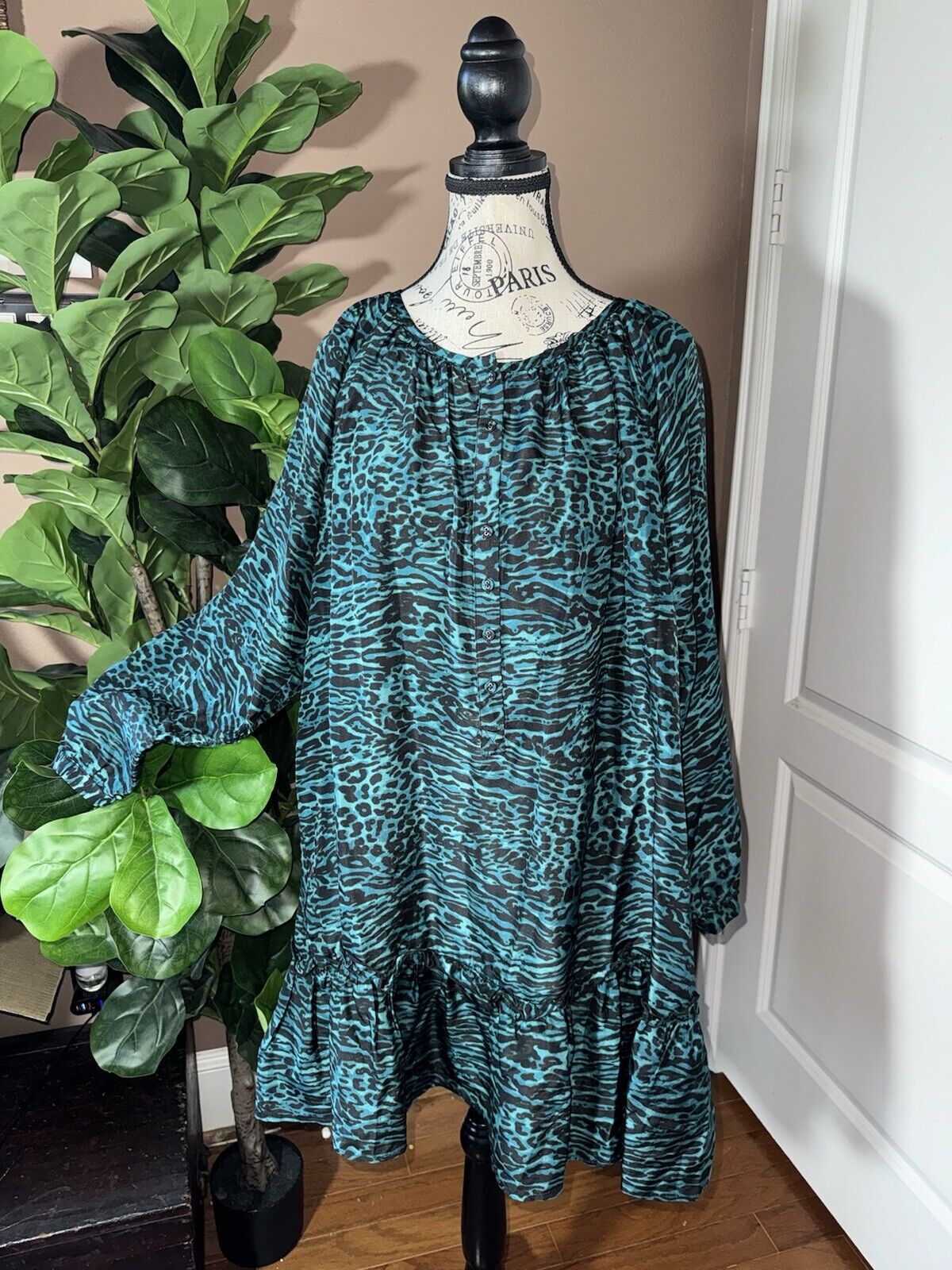 Johnny Was L Large 100% Silk Mini Dress Babydoll Tunic Top Teal Green