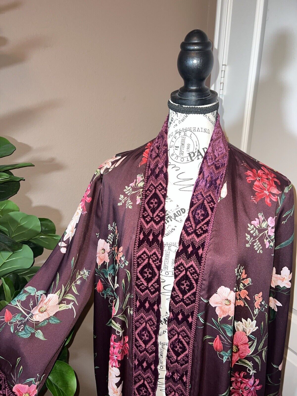 Johnny Was Silk Lined Long Kimono Duster Wrap XL 1X 1XL Velvet Trim Pockets