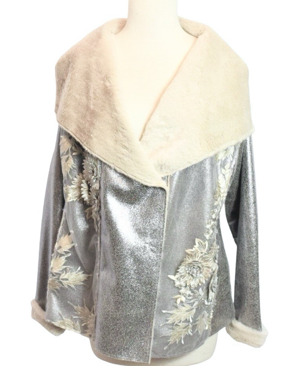 Johnny Was XL Silver Faux Suede & Fur Jacket Coat Applipue & Embroidery Johnny Was