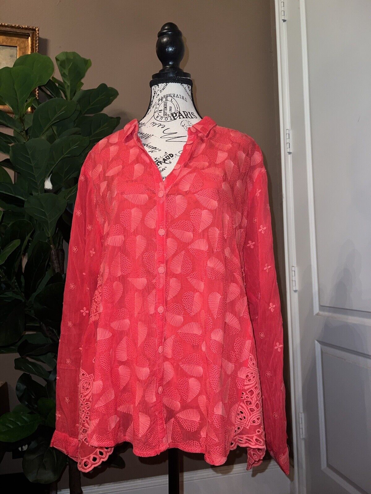 Johnny Was Sz XL Silky Coral Red Tunic Top Eyelet Embroidery