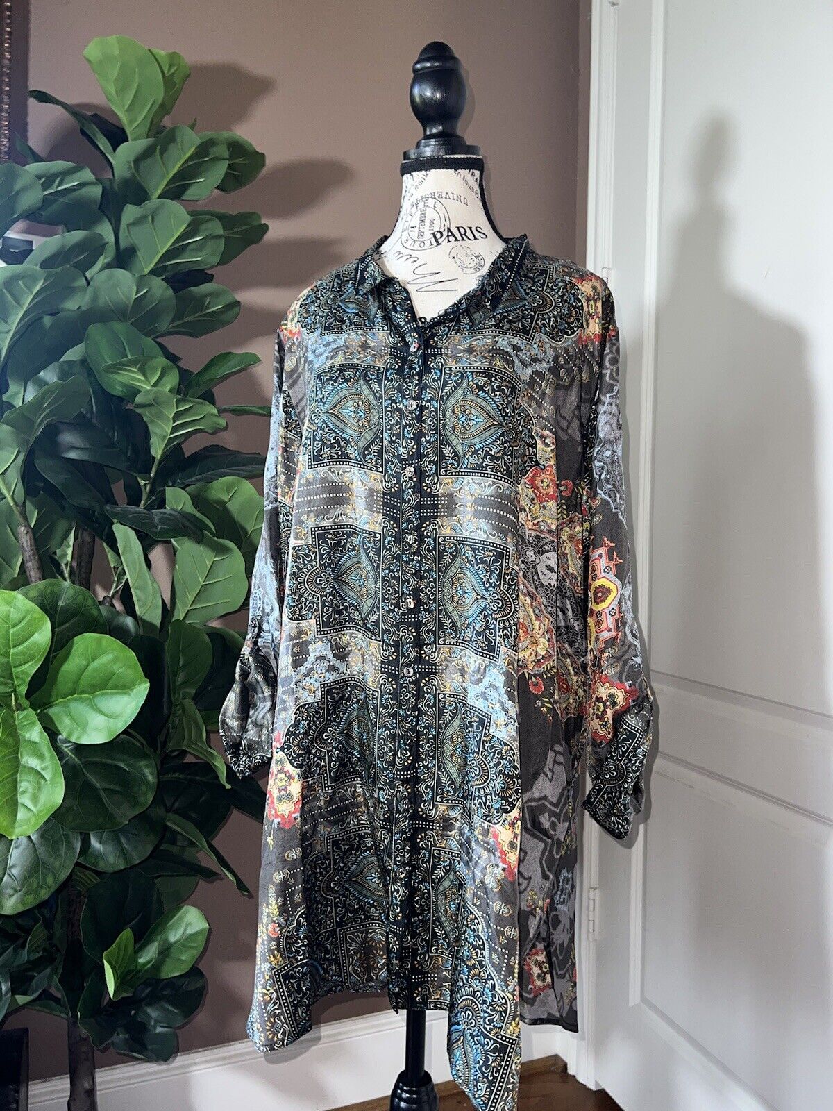 100% Silk Johnny Was Black Tunic Top Or Mini Dress XXL 2X 2XL Button Up