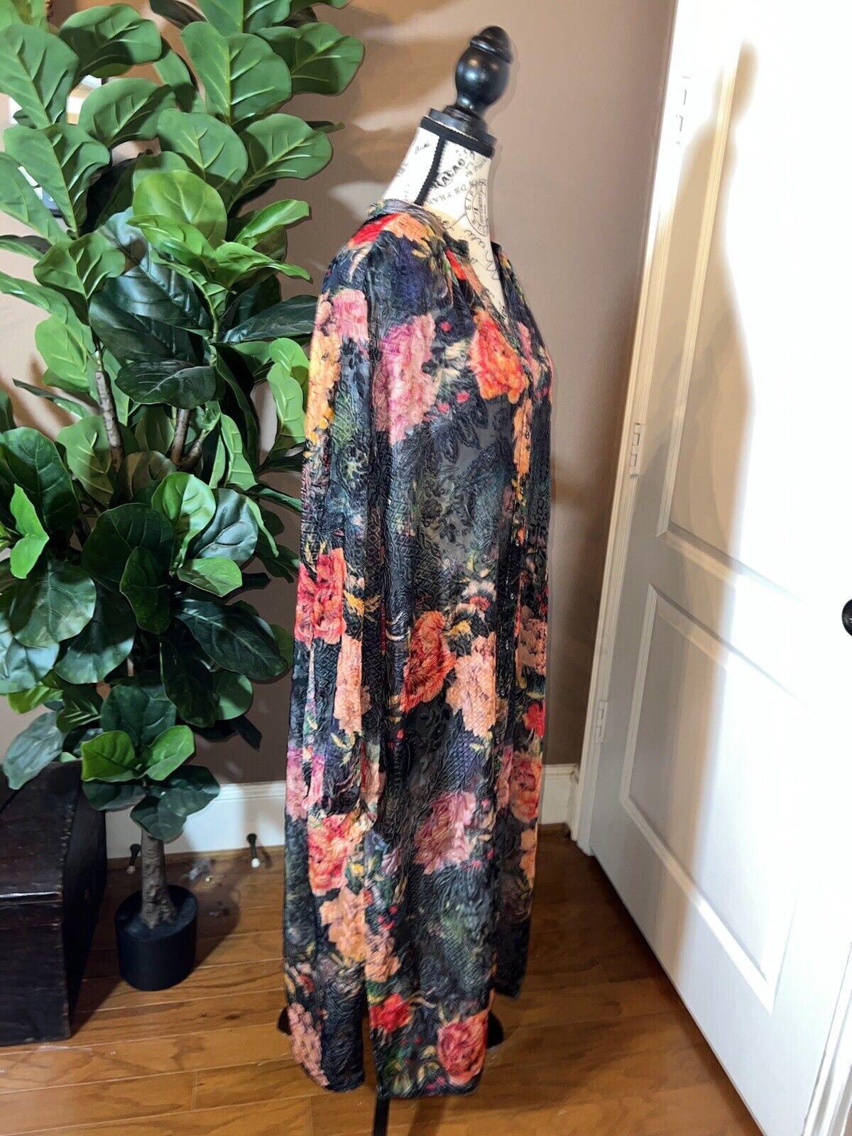 Johnny Was 1X XL Burnout Velvet Long Dress Kimono Duster Wrap Button Up