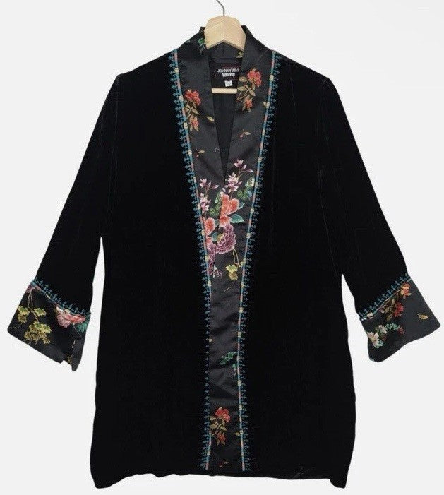 Johnny Was XL Black Velvet & Silk Kimono Embroidered Floral BOHO Wrap Duster Johnny Was