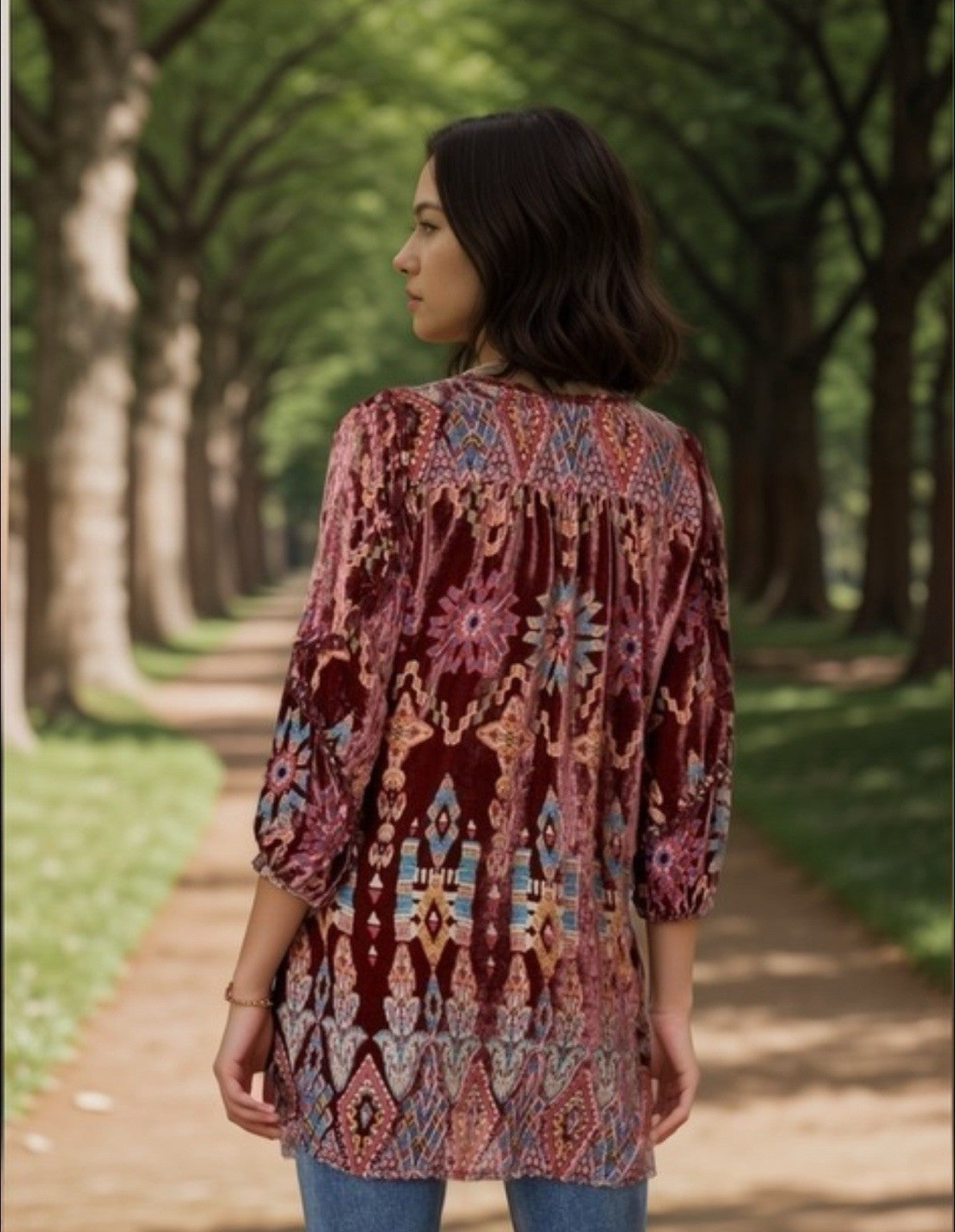 Johnny Was Brick Red Geometric Burnout Velvet Tunic Top L Large Peasant Johnny Was