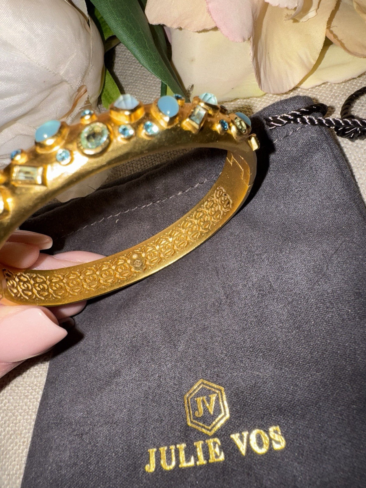 Julie Vos Hinged Bangle Bracelet Blue Iridescent Stones 24k Plated Julie Vos