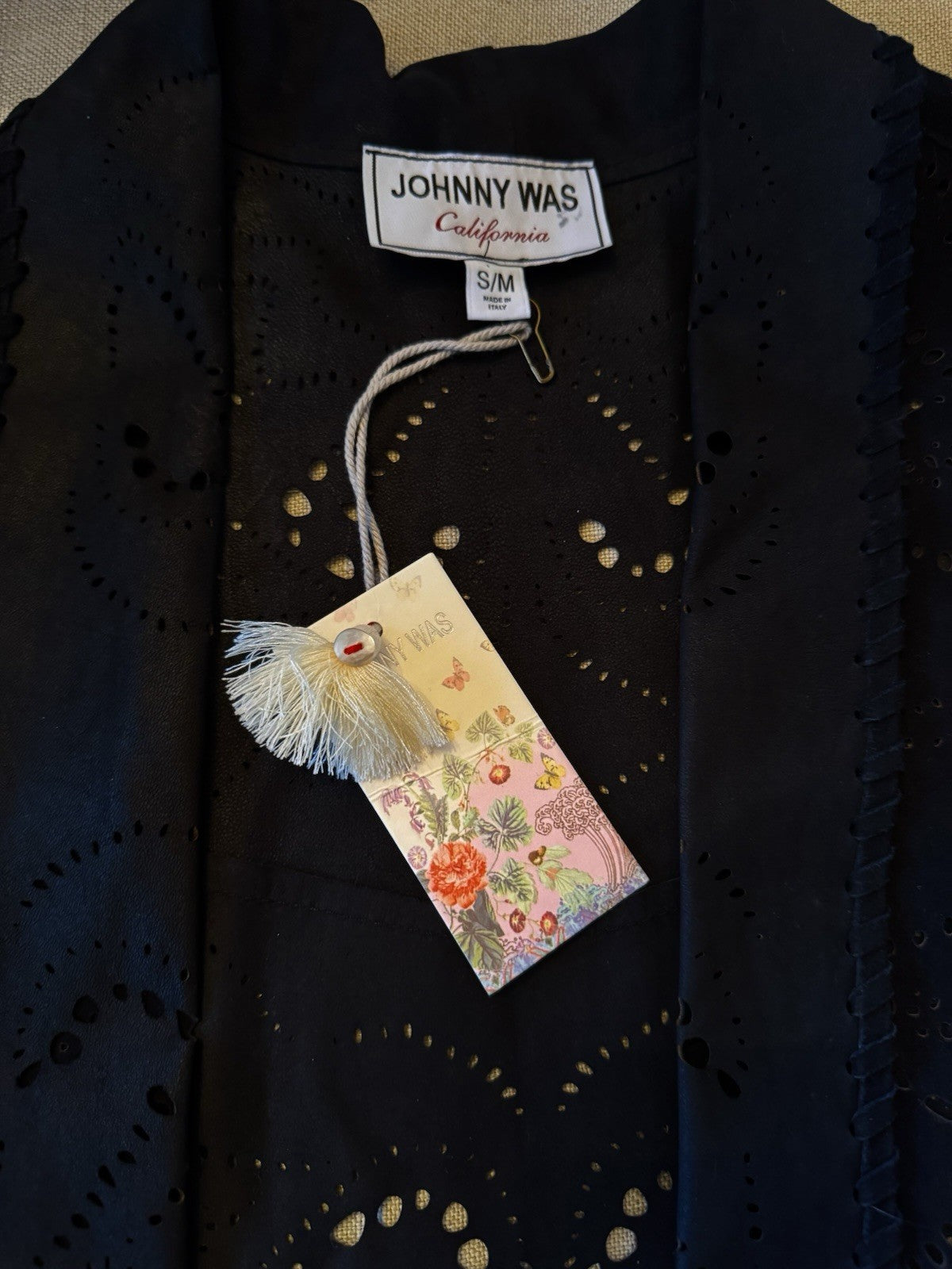 Johnny Was S/M Black Suede Leather Poncho Laser Cut Kimono Wrap $998 Retail Johnny Was