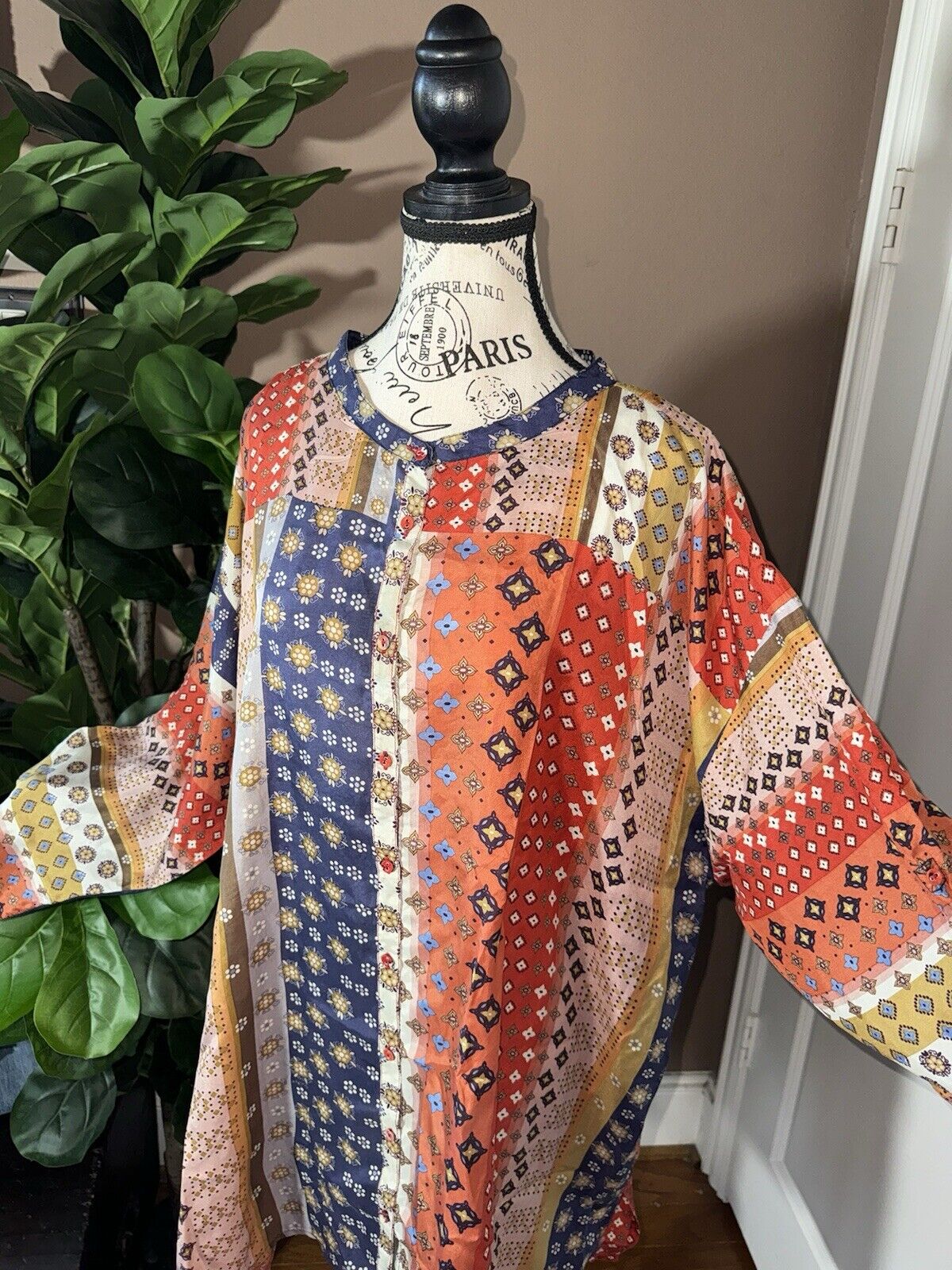 Johnny Was 3X 3XL 100% Silk Tunic Top Kimono Sleeves Button Up