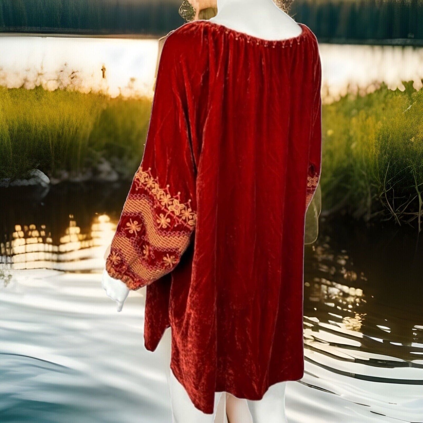 Johnny Was 1X Orange Red Velvet Embroidered Roses Tunic Top Peasant Blouse