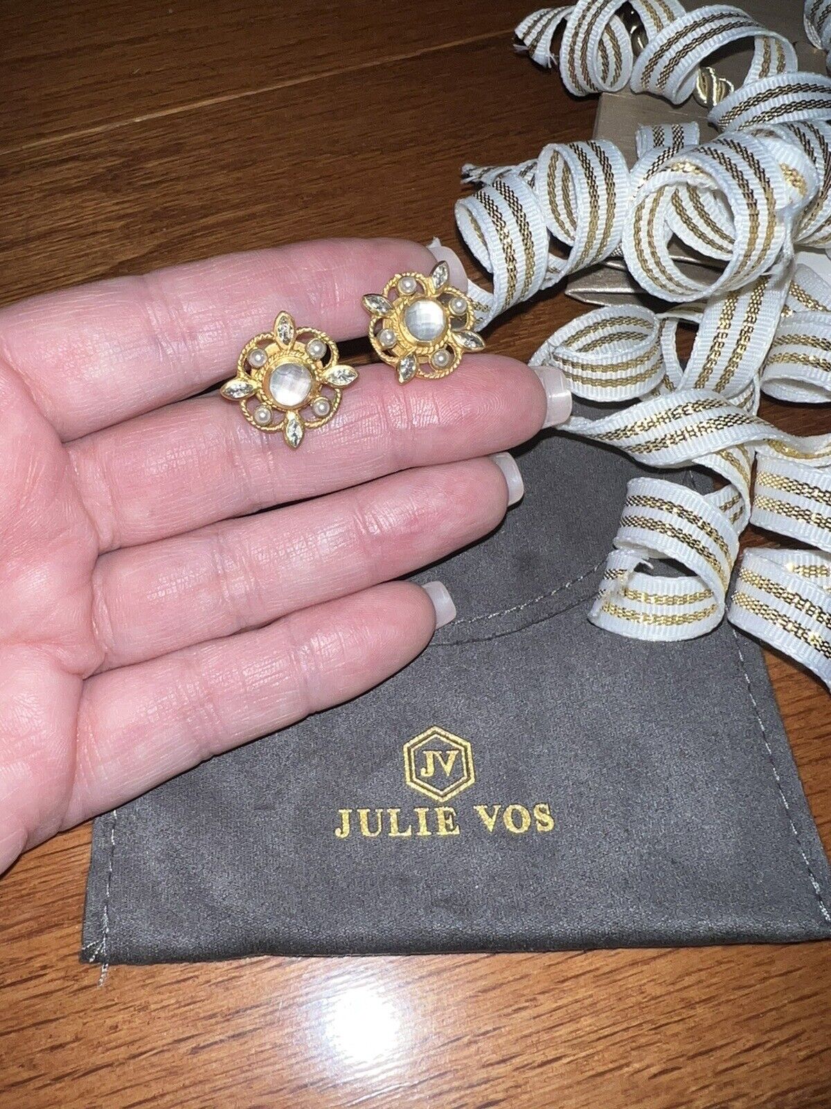 Gorgeous Julie Vos Earrings Clear And Iridescent Crystals 24k Gold Plate Stud