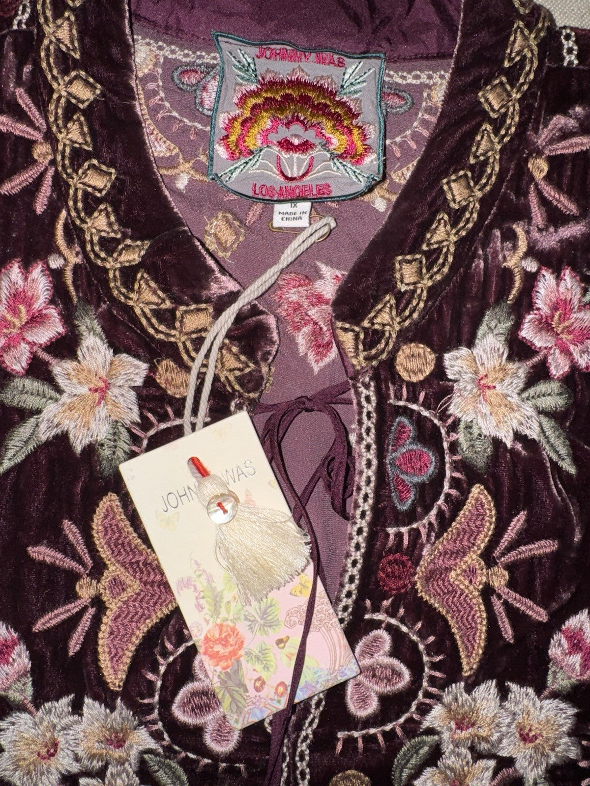 Johnny Was 1X Plus Burgundy Velvet Mini Shift Dress Peasant Tunic Embroidery Johnny Was