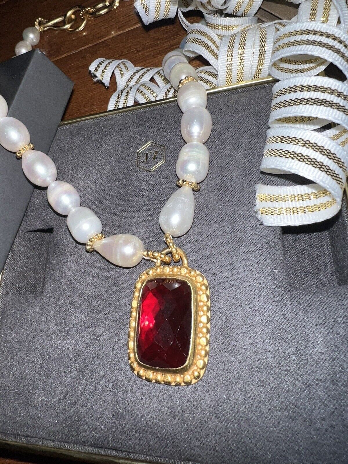 Julie Vos Freshwater Pearl & Ruby Red 24k Gold Plate Statement Necklace WOW!