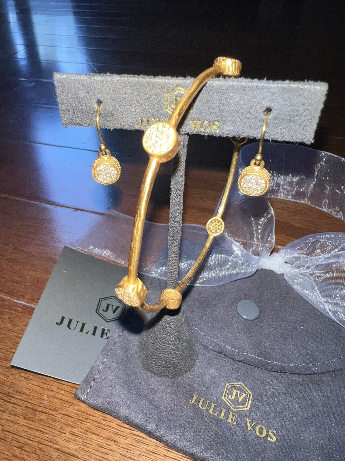 3pc Set Julie Vos Pave Earrings & CZ Stations Bracelet Bangle Sz Large Julie Vos