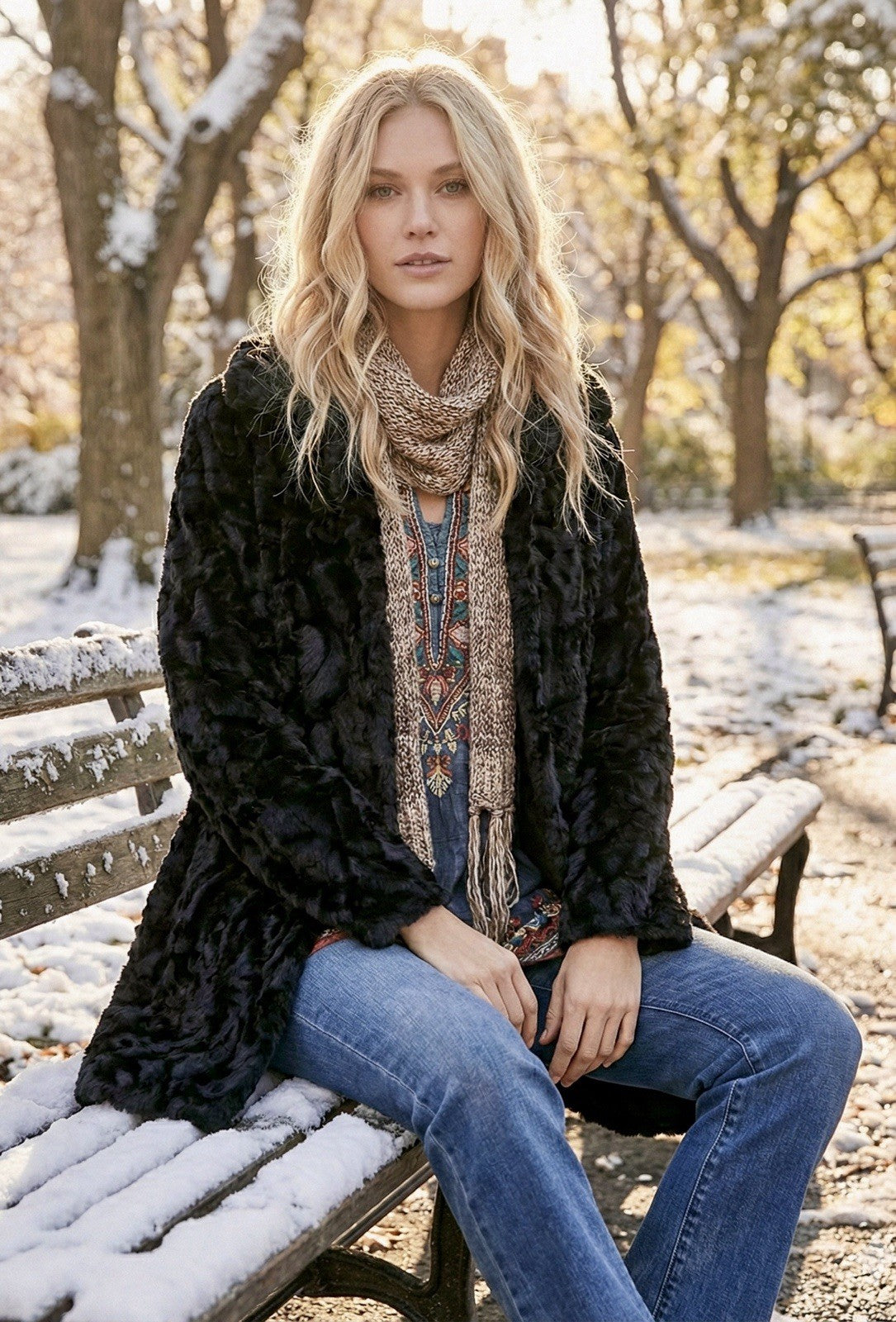 Johnny Was XL Black Rose Faux Fur Coat Jacket Wrap Silk Lining Pockets Johnny Was