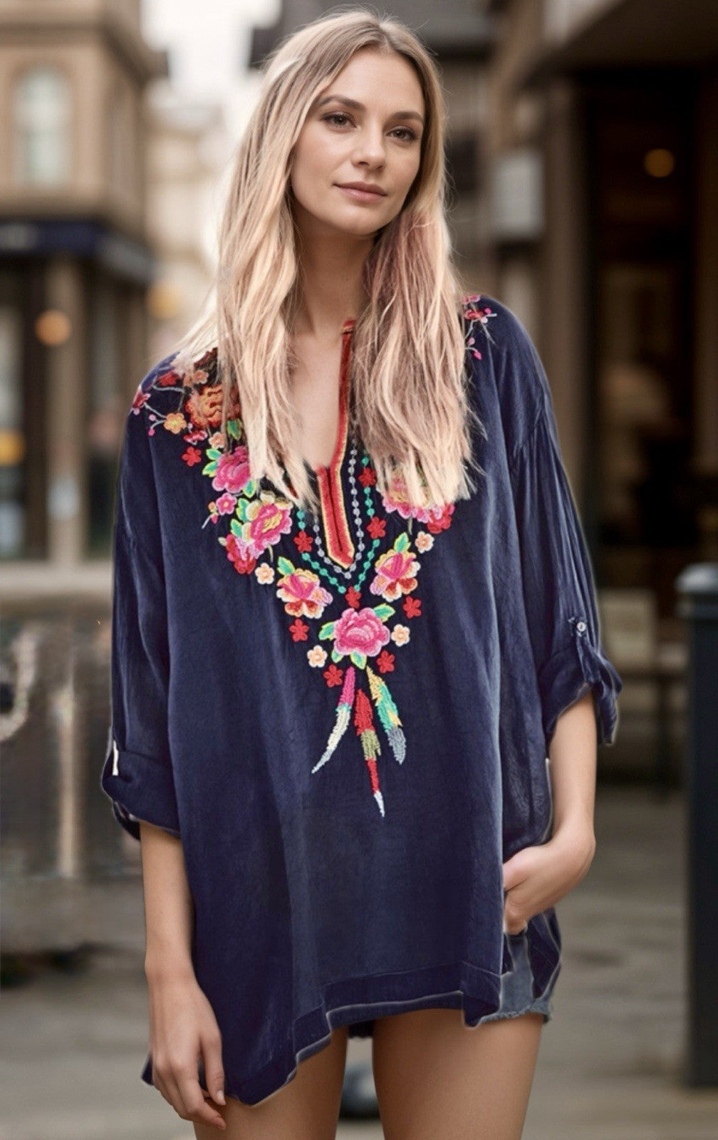 Johnny Was XL Tunic Top Blouse Shirt Navy Embroidered Silky Lightweight Cool Johnny Was