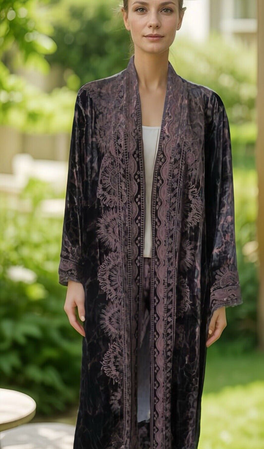 Johnny Was L Large Velvet Long Kimono Duster Wrap Leopard & Lace Jacket