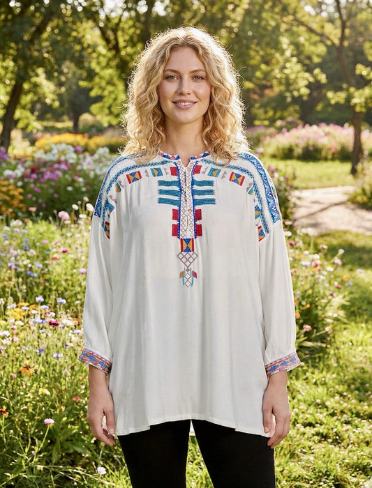 Johnny Was L Large Cream White Velvet Peasant Tunic Top Blouse Embroidered Johnny Was