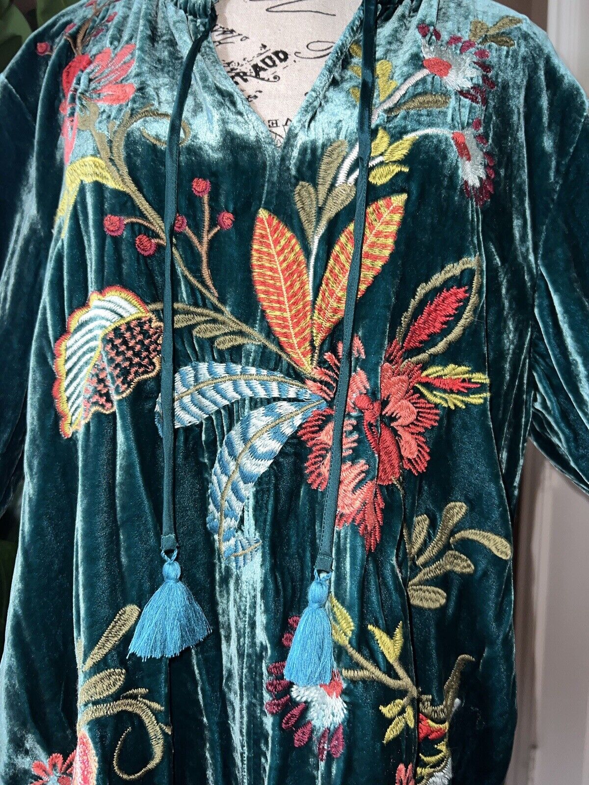 NEW Johnny Was Teal Velvet Heavily Embroidered Tunic Top L Large Peasant NWT