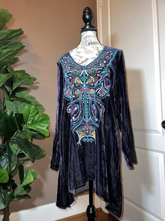 Johnny Was Midnight Purple Butterfly Velvet Embroidered Tunic Top Mini Dress M